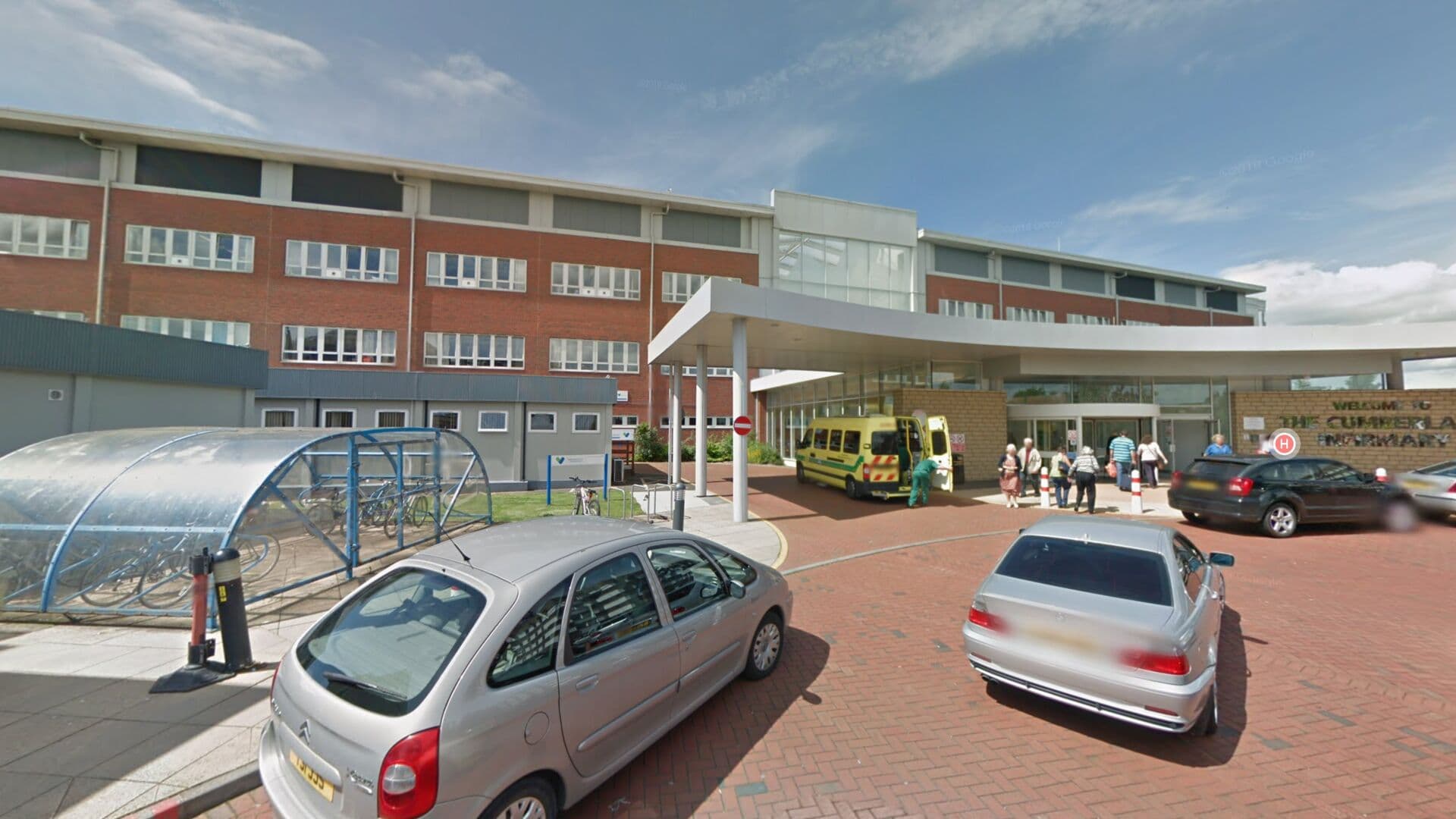 Main A&E entrance and drop-off area at Cumberland Infirmary, Carlisle, Cumbria