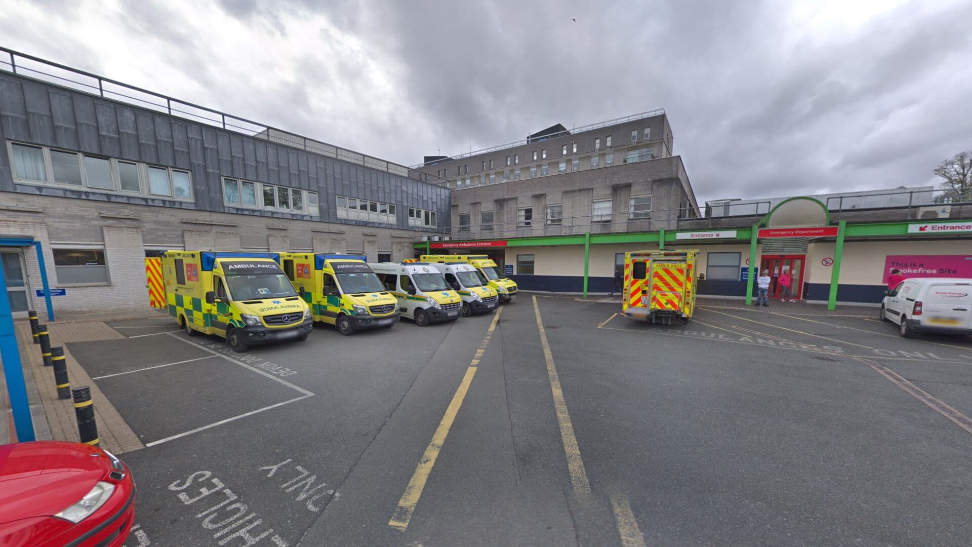 A&E ambulance entrance exterior at Derriford Hospital, Plymouth, Devon