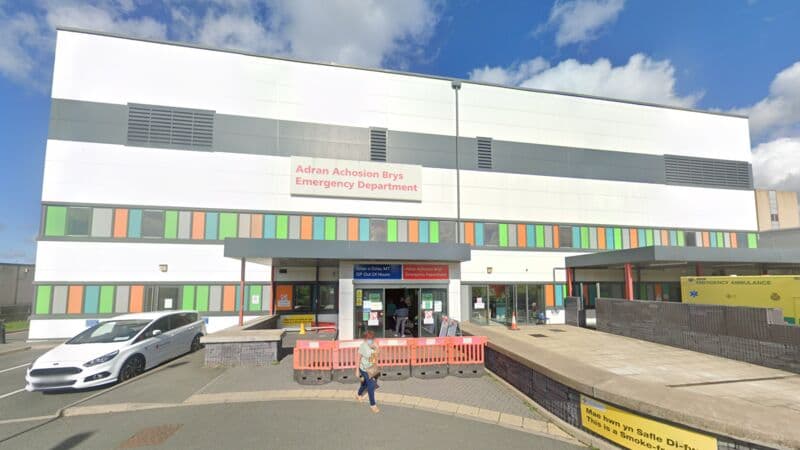 Emergency Department entrance at Glan Clwyd Hospital, Bodelwyddan, Denbighshire