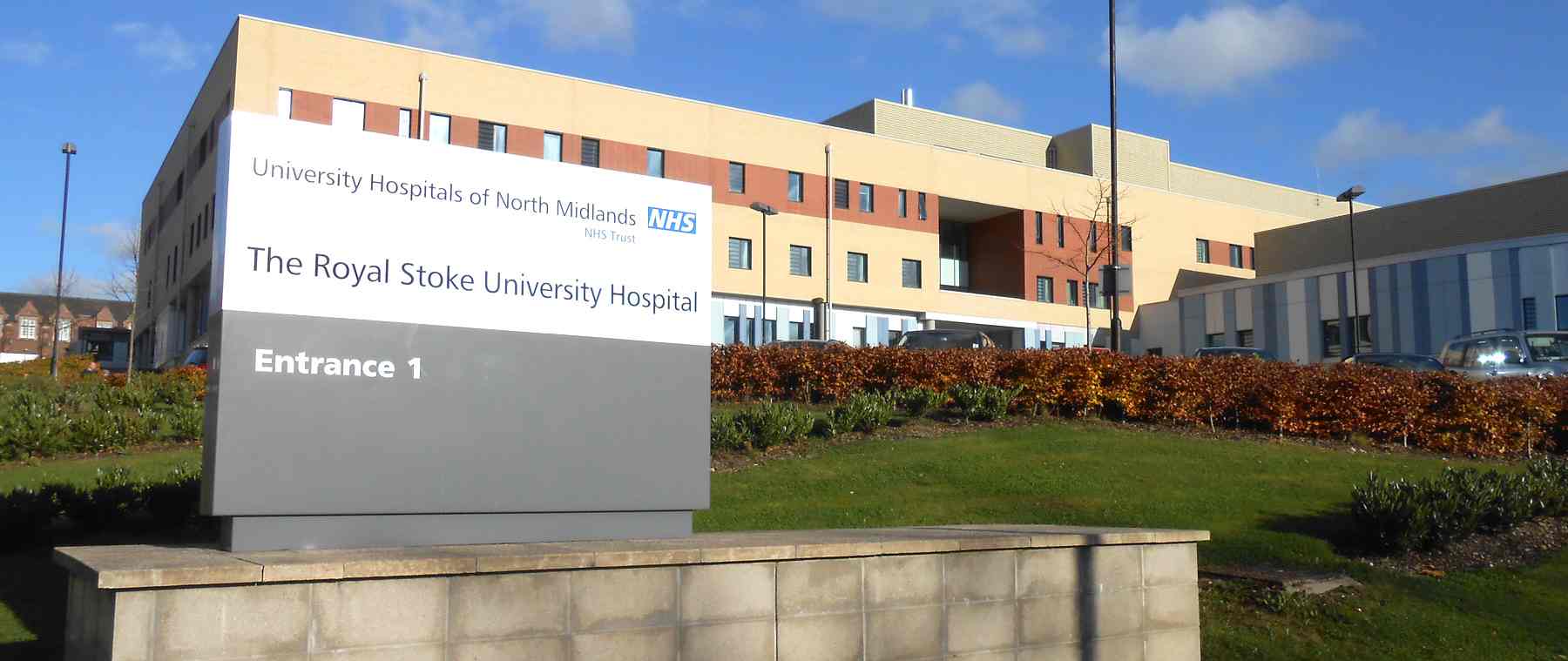 Royal Stoke University Hospital modern glass atrium and grounds, Stoke-on-Trent