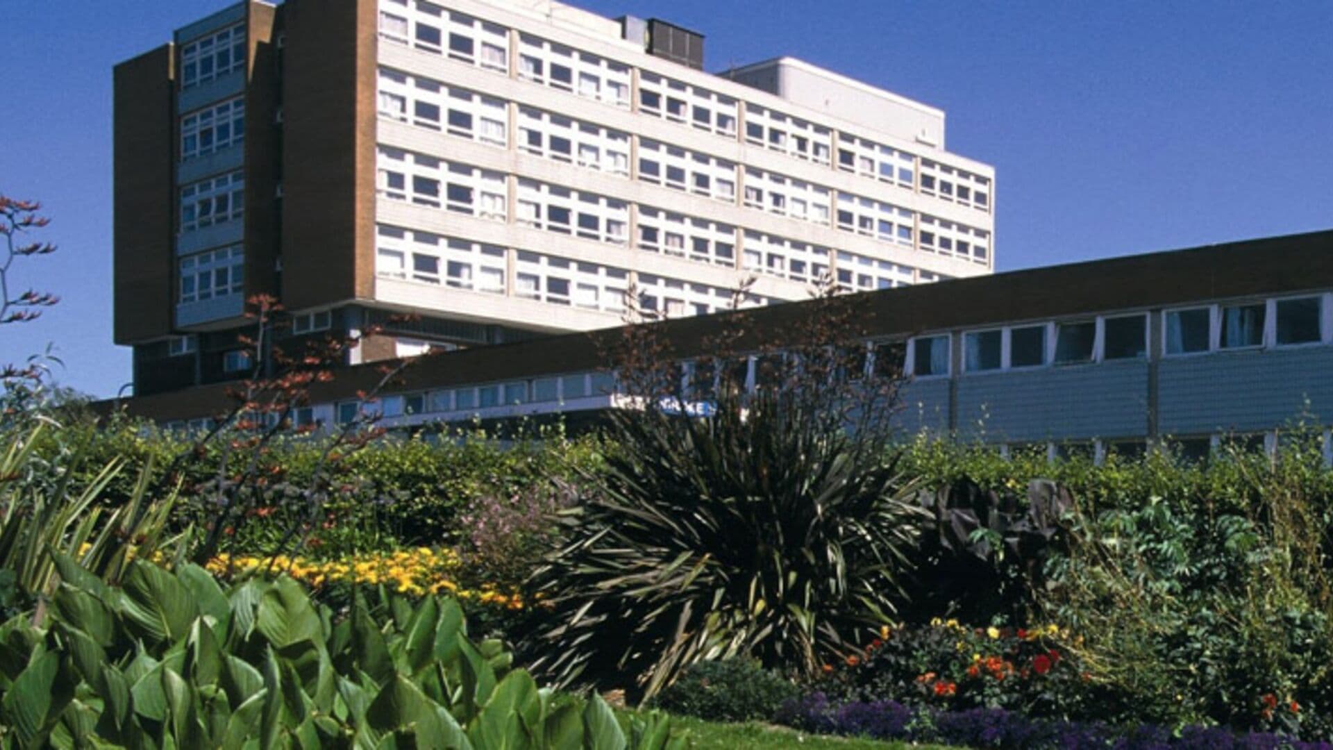 Main building overview of Torbay Hospital A&E, Torquay, Devon