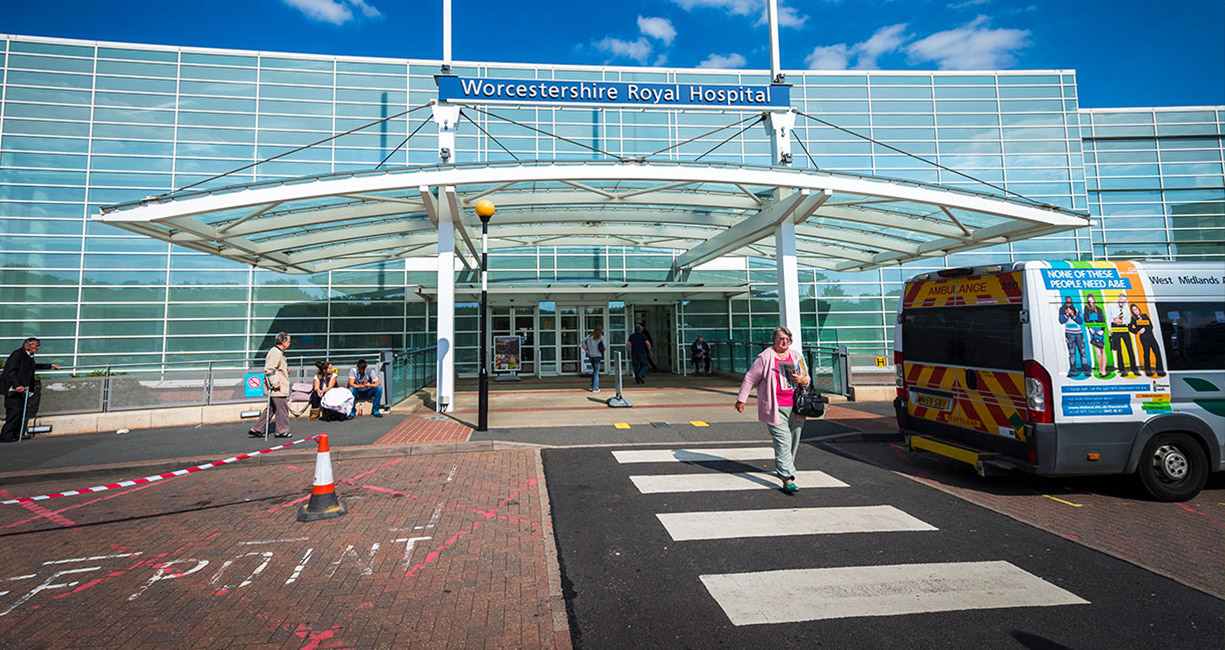 Worcestershire Royal Hospital glass main entrance canopy on Charles Hastings Way, Worcester