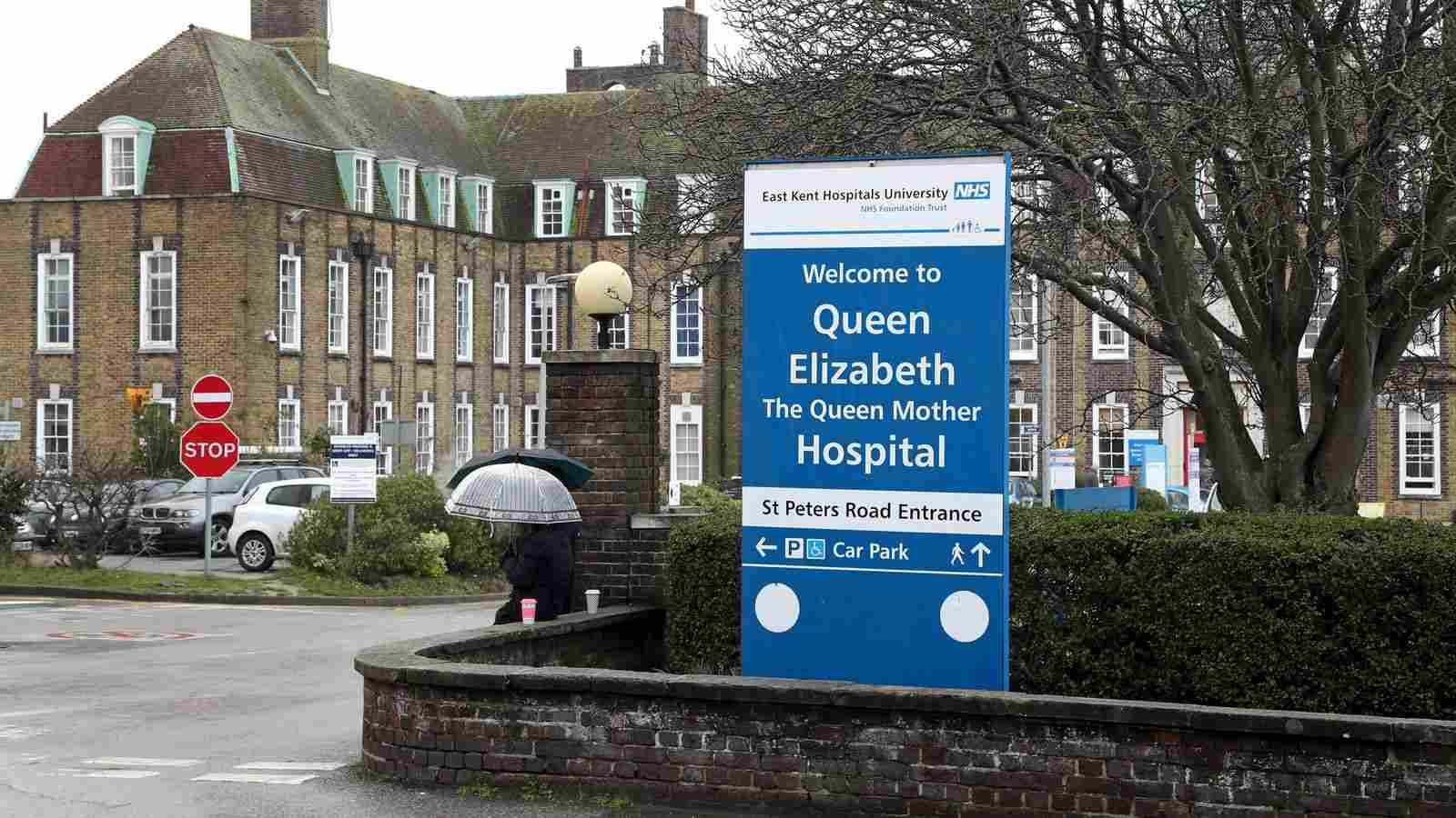 Queen Elizabeth The Queen Mother Hospital welcome sign at the St Peters Road entrance, Margate, Kent