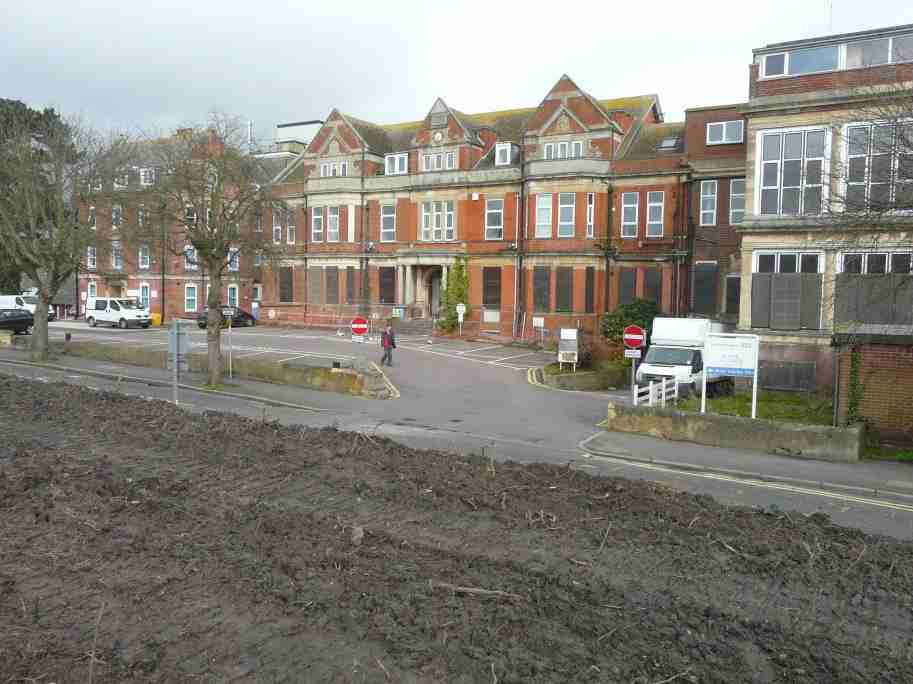 Royal Victoria Hospital red-brick Victorian frontage, Radnor Park Avenue, Folkestone, Kent